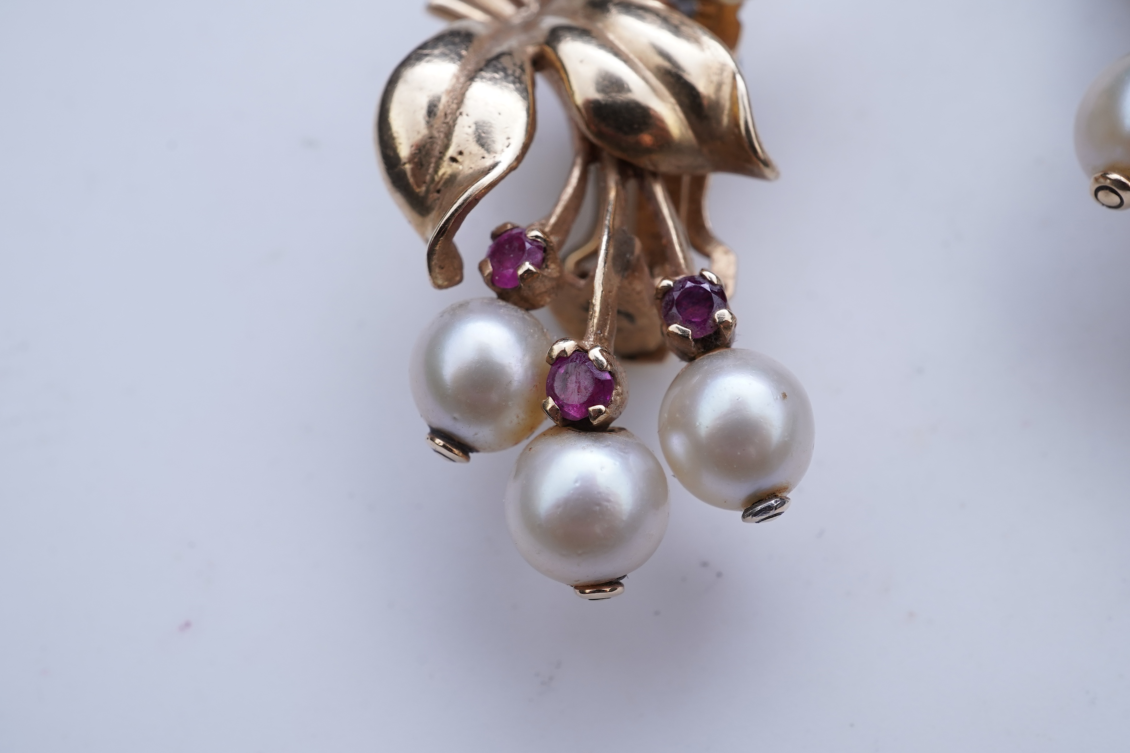A pair of Retro cultured pearl and ruby ear clips, 1940s